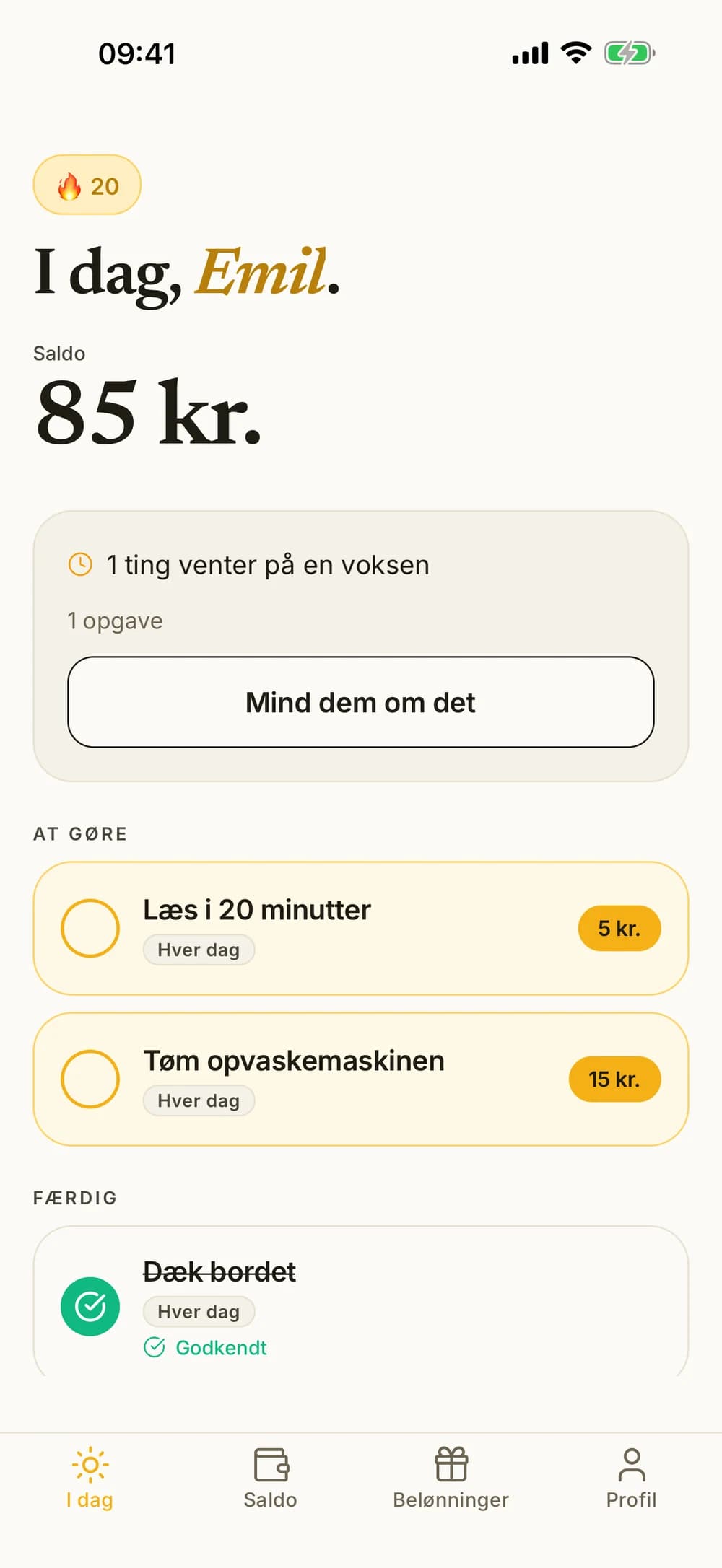 Emils I dag-liste med opgaver, saldo og arbejde, der venter på godkendelse.