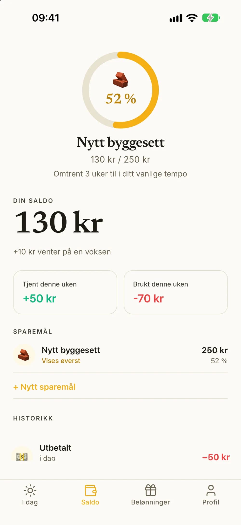 Et sparemål med en ring som er 52 % full, 130 kr av 250 kr og «Omtrent 3 uker til i ditt vanlige tempo».