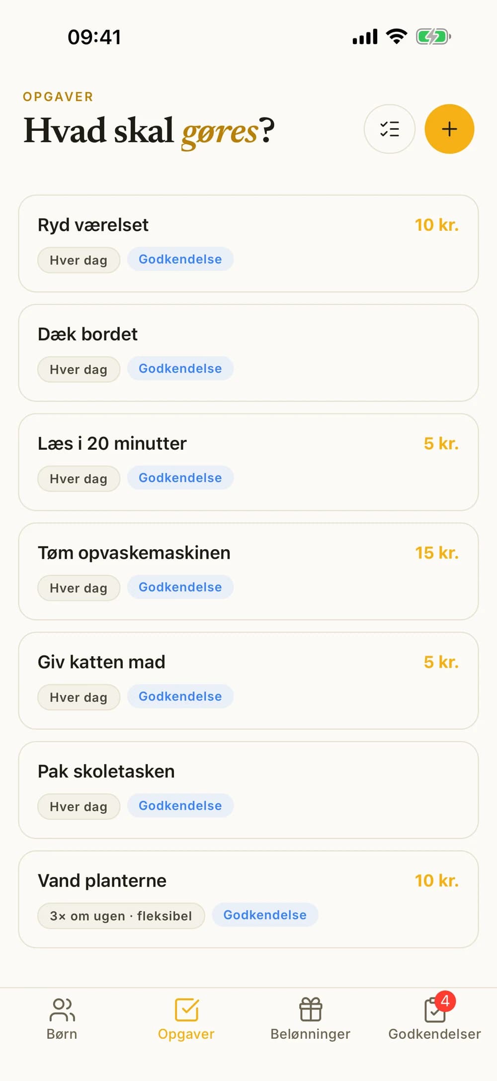 Opgavelisten med daglige opgaver, med og uden betaling, og en fleksibel opgave tre gange om ugen.