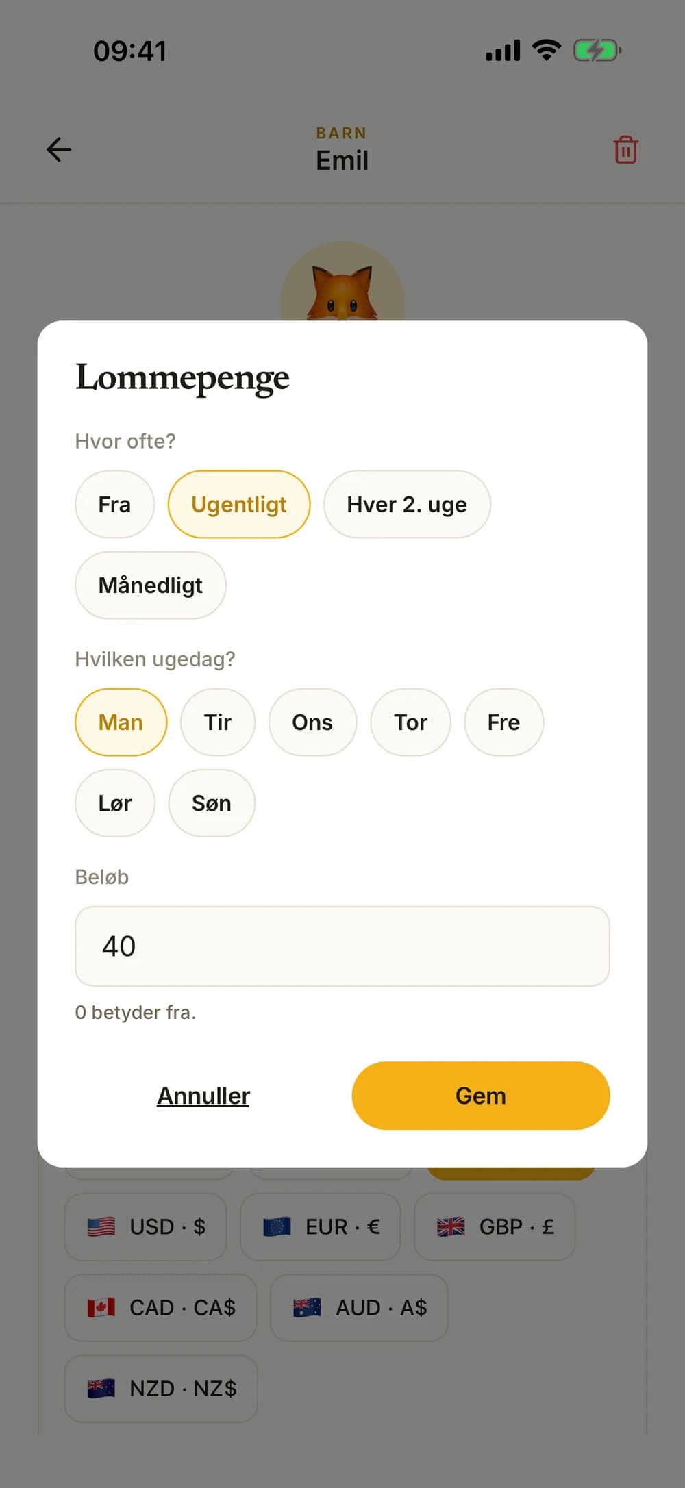 Indstillinger for lommepenge med beløb, interval og ugedag.