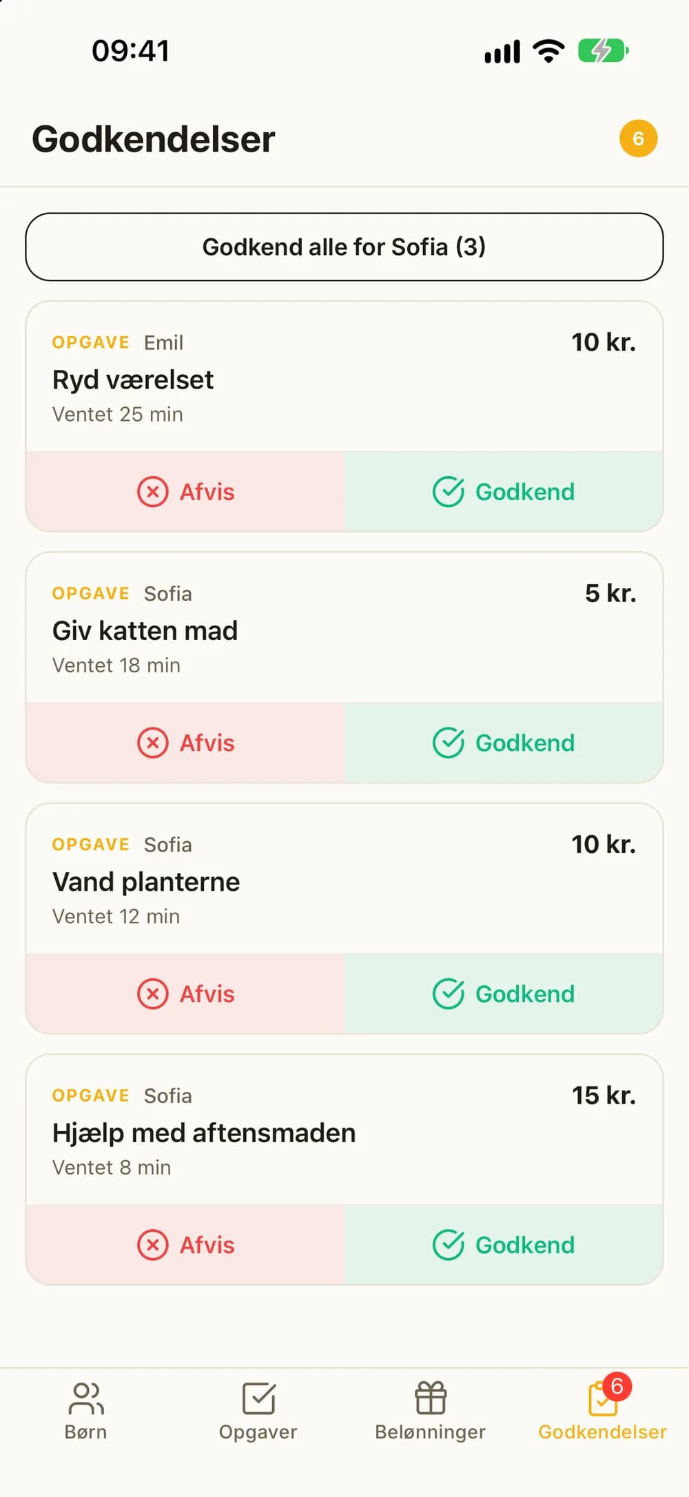Godkendelser med en knap til at godkende alle tre opgaver for ét barn, og hver opgave med Afvis og Godkend.