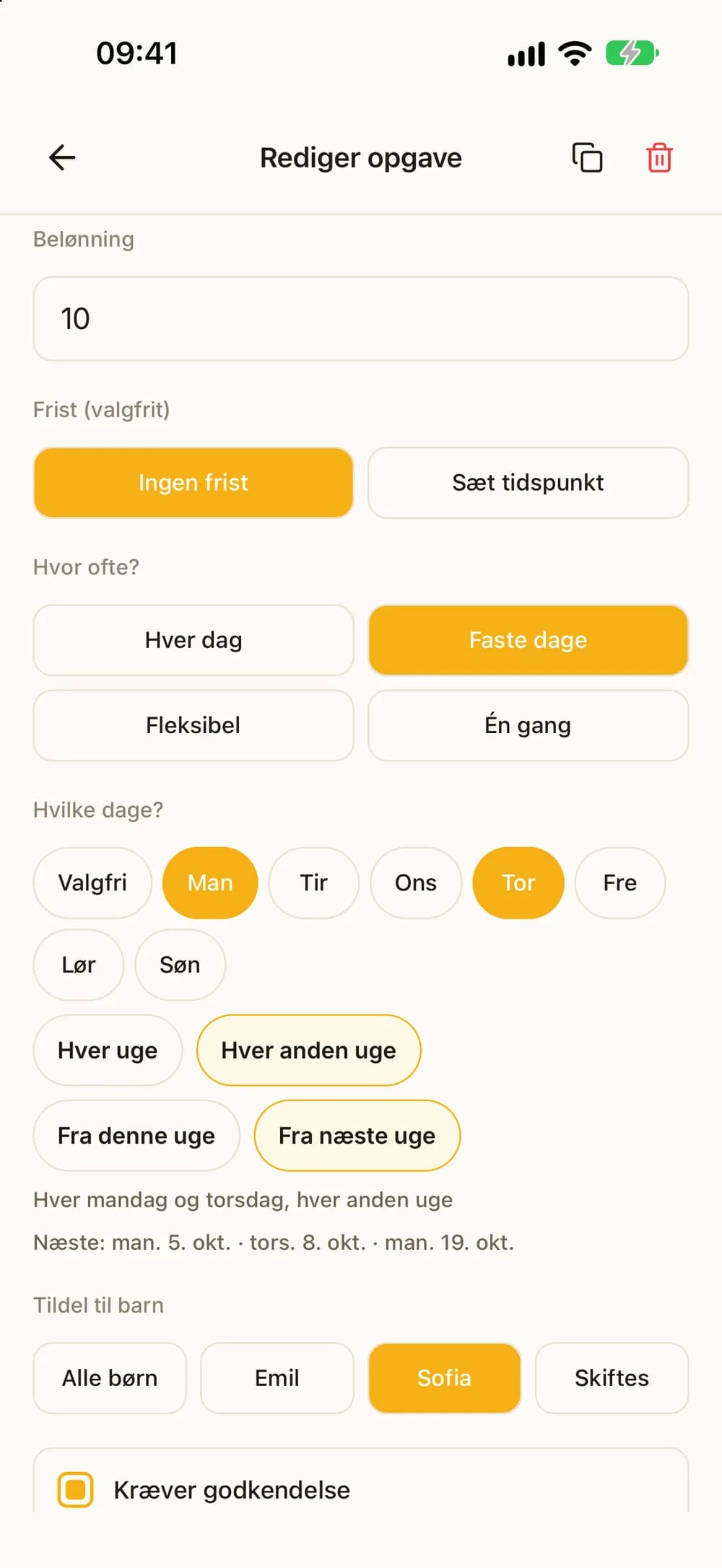 En opgave mandag og torsdag hver anden uge, fra næste uge, med de næste datoer.