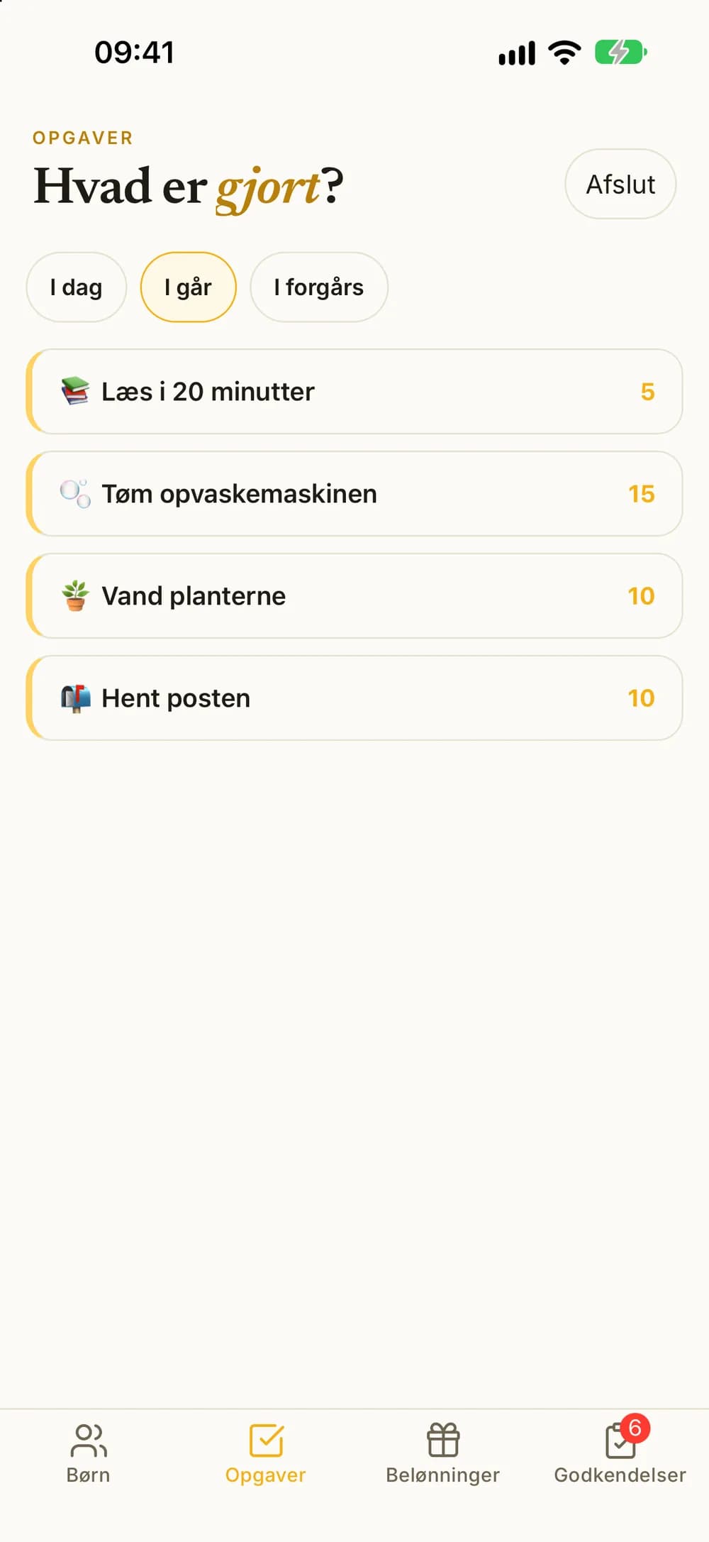 Logtilstand med I går valgt og fire opgaver, der kan registreres for i går.