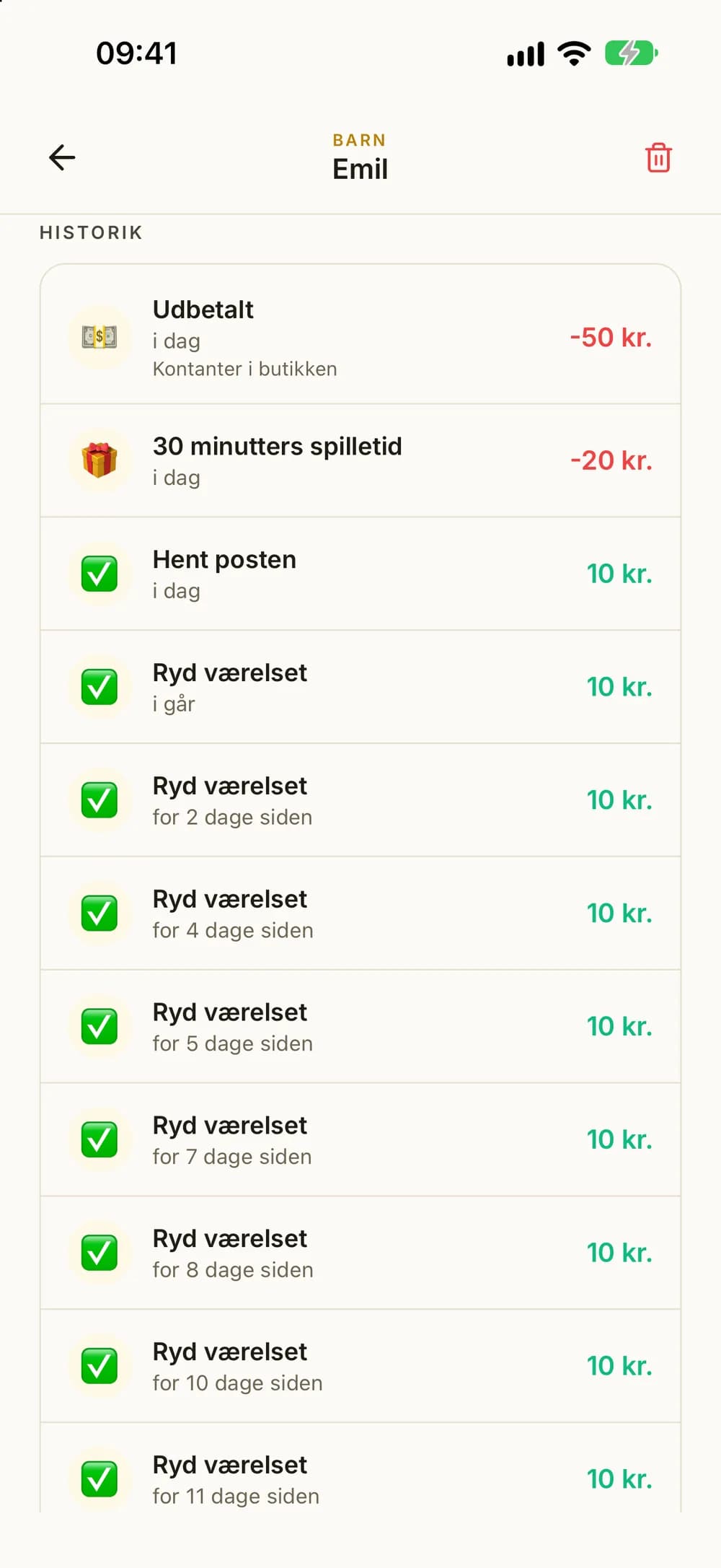 Et barns historik med Udbetalt minus 50 kr. og noten Kontanter i butikken øverst.