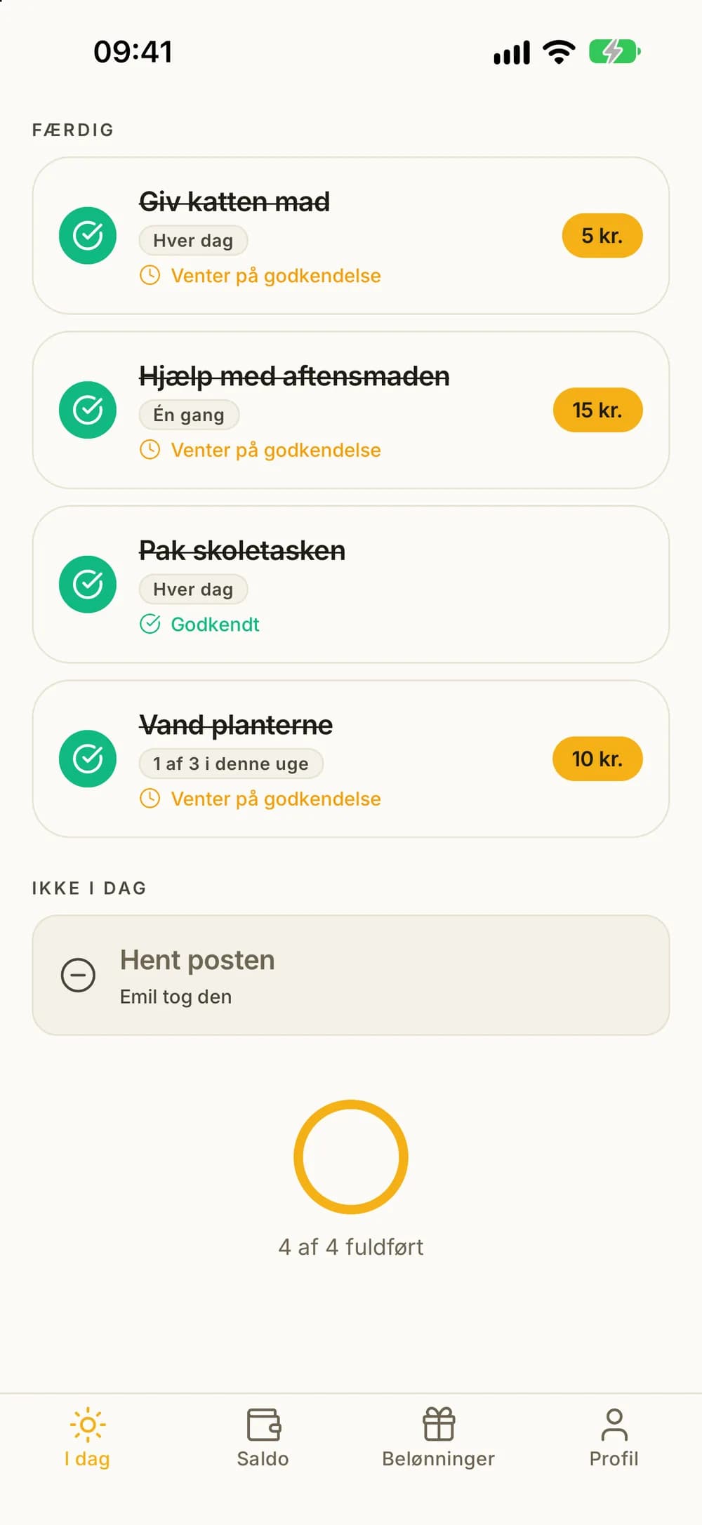 Barnets liste for i dag, hvor en fælles opgave står under Ikke i dag, fordi en søskende tog den.