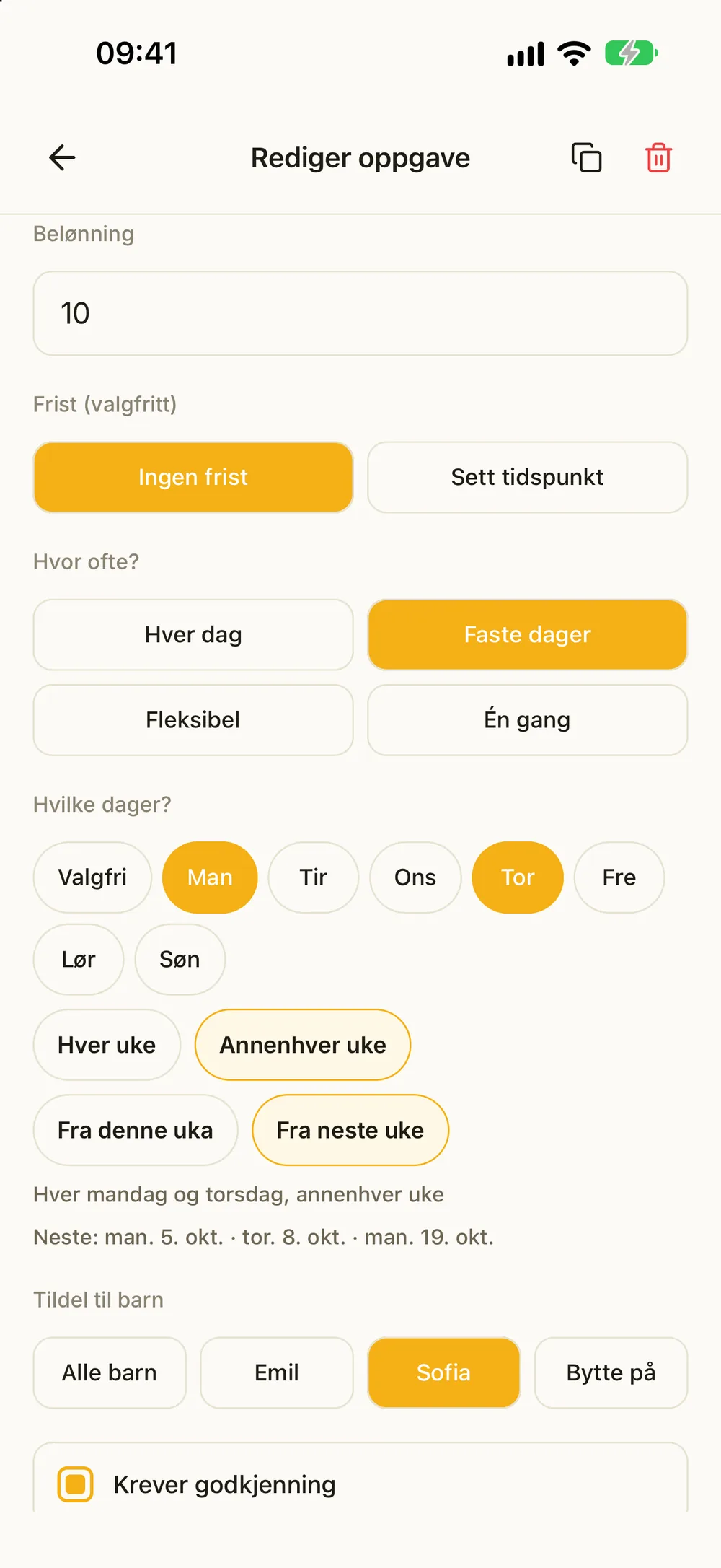 Redigering av en oppgave på mandag og torsdag annenhver uke, fra neste uke, med de neste datoene listet under