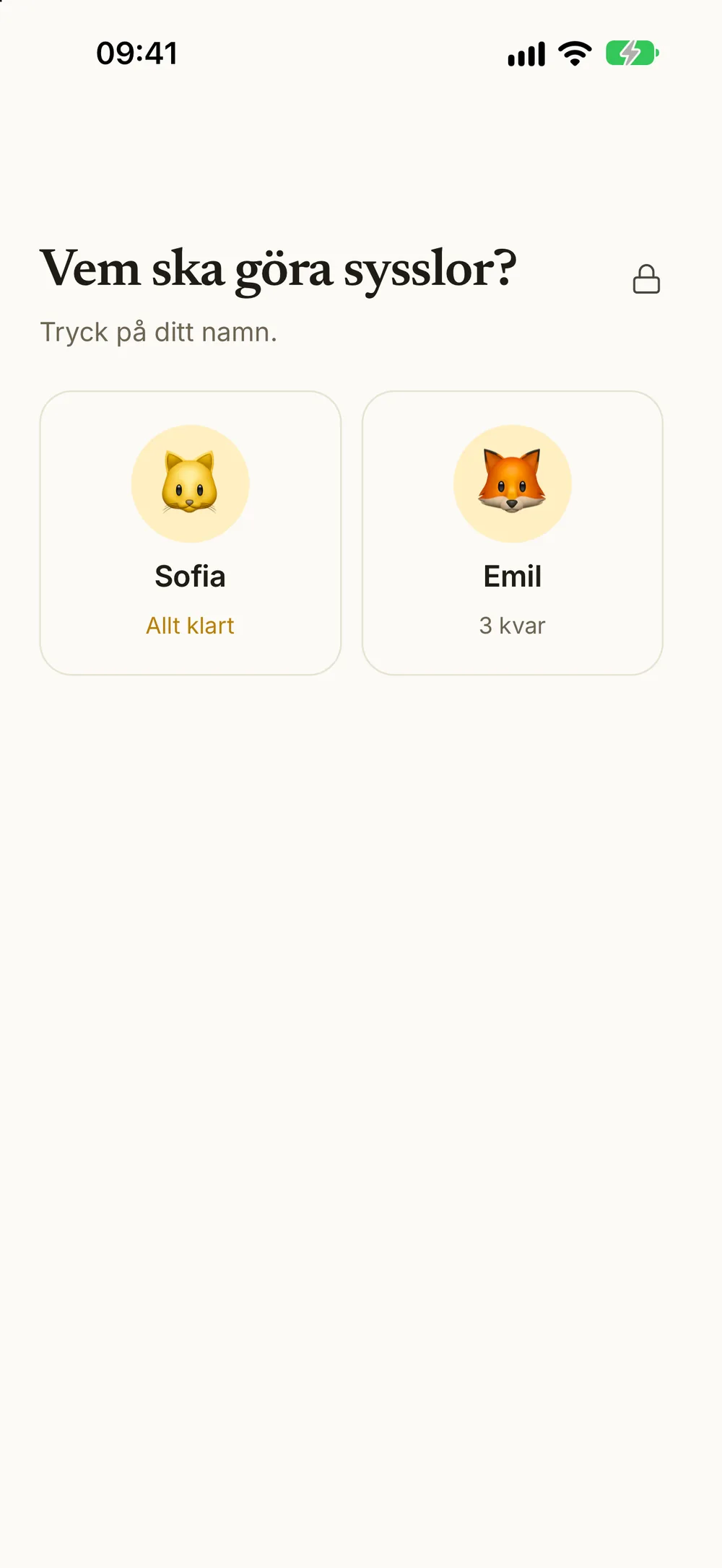 Vem ska göra sysslor? på en delad enhet: två barn, Sofia är klar och Emil har tre sysslor kvar